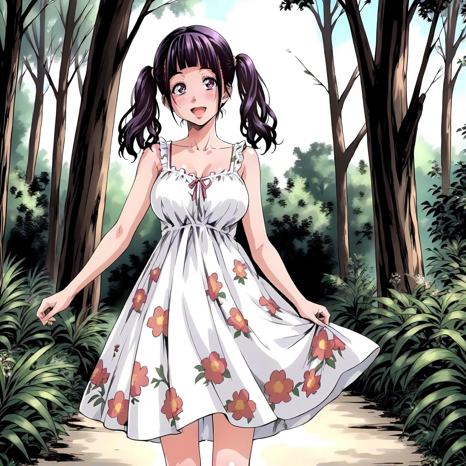 <lora:JdMnS_SanaXLpony001>,
outdoors,nature,
smile,open mouth,
solo,
Sana,1girl,black -purple hair,twintails,purple eyes,
large breasts,
sundress,floral dress,sleeveless,
standing,