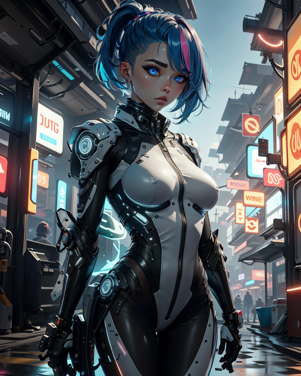 best quality,masterpiece,highly detailed,ultra-detailed,  
 <lora:neg9V2_last:0.5>    
 <lora:fluxcyborg:1> fluxcyborg,, unreal engin 5,octane render,(2D:1.2),, 1girl, A cyborg adorned in a combination of gunmetal gray and vibrant teal accents on the exoskeleton. The synthetic skin seamlessly blends with the metallic components, creating a visually dynamic appearance. The clothing is comprised of cutting-edge, adaptive materials with holographic elements, contributing to a futuristic and stylish ensemble. The hair is styled with neon highlights, adding to the overall cyberpunk aesthetic.  mechanical arms,  mecha musume, impossible clothes,  mechanical parts, gameplay mechanics,    Compact breasts ,,  narrow waist, Shaved Sides with Neon Streaks - Magenta    , fantastic details full face, dot nose,detailed Monolid eyes, sky blue iris, thin eyebrows, pale blue beautiful Detailed Eyes,    lips at  in Cyberpunk 2077 ,The Delamain headquarters, a massive complex where the Delamain Corporation operates. They provide transportation services throughout the city, and the complex is decorated with sleek and modern architecture.  , extremely detailed eyes, fantastic details full face