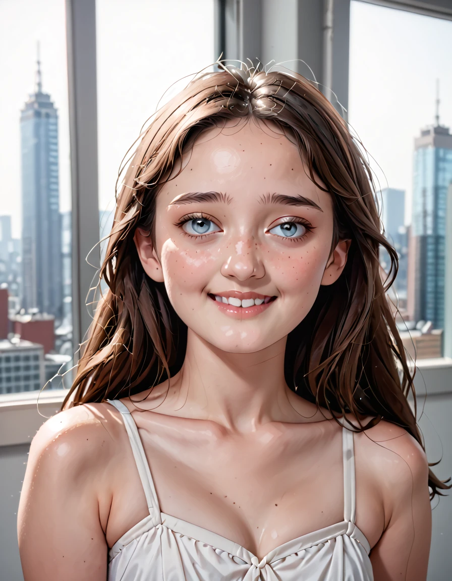 professional photo indi actress woman, 30 years old, Portrait Photography, a stunningly beautiful pale skinned 80s actress, embarrassed but happy, teenage, fame school actress, famecore, New York indoor building background, the factory