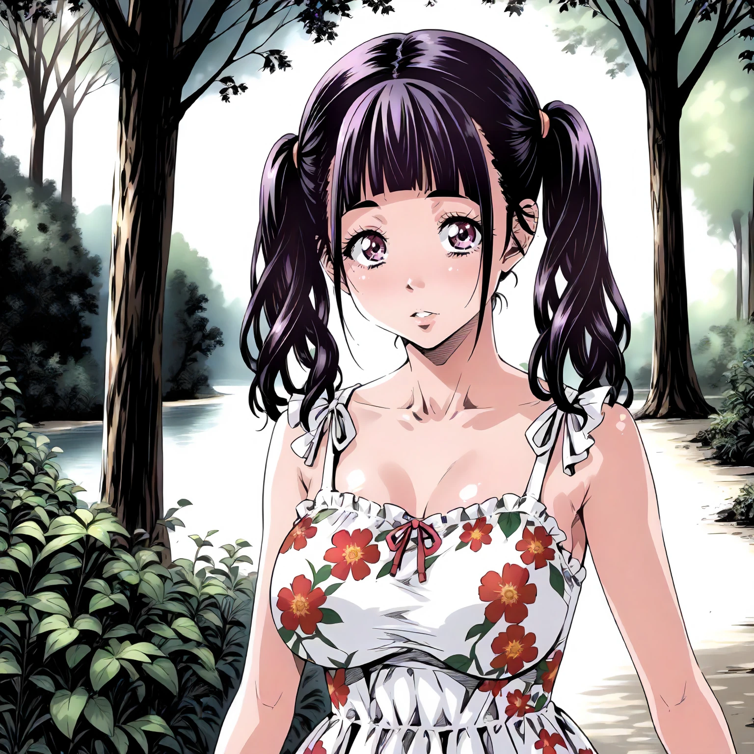 <lora:JdMnS_SanaXLpony001>,
outdoors,nature,
parted lips,looking at viewer,
solo,
Sana,1girl,black -purple hair,twintails,purple eyes,
large breasts,
sundress,floral dress,sleeveless,
standing,
upper body,