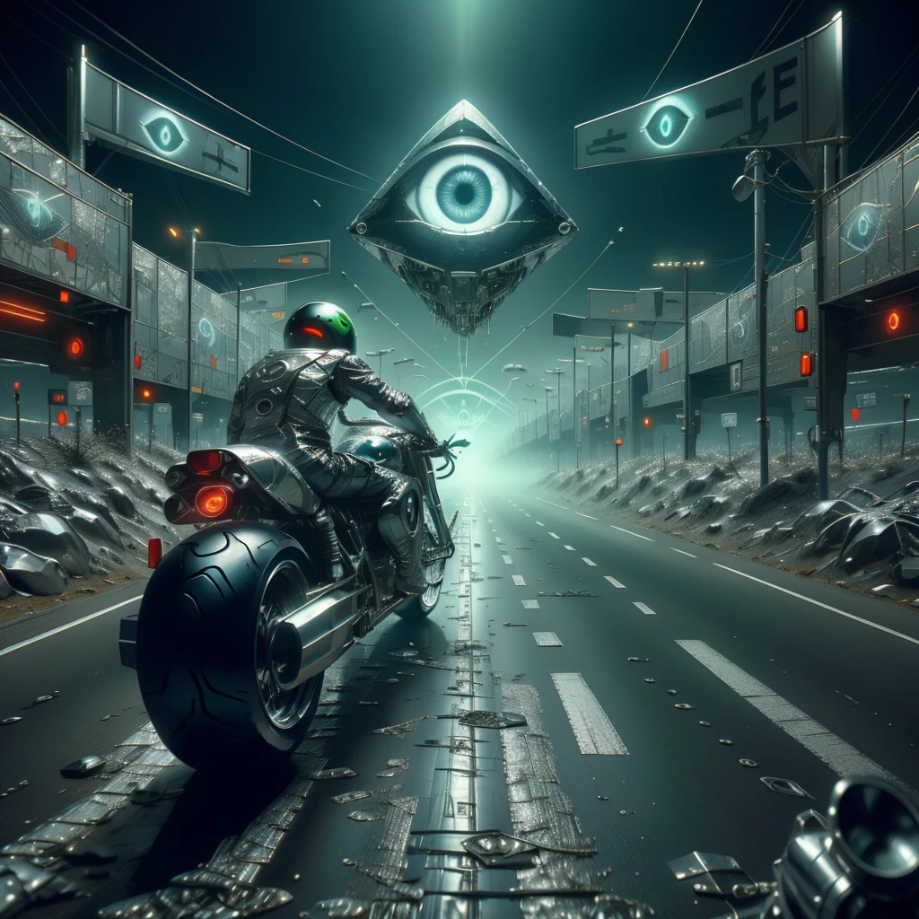 <lora:ConspiracyTech:0.9>, conspiracytech,  scifi,  occult , illuminati, eerie , foil, 
motorcycle,  simple background,  blurry background,  highway, ocean,