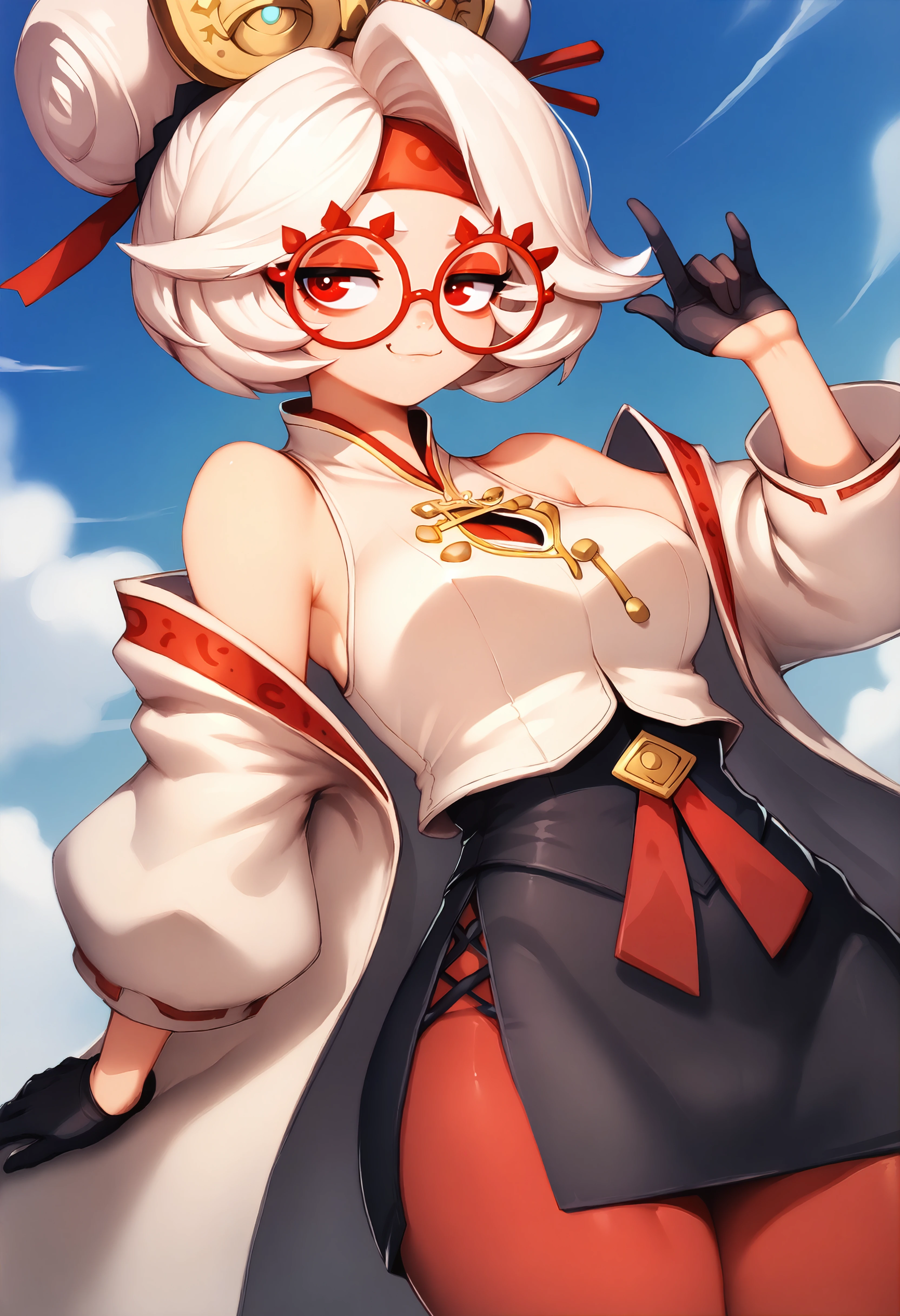 score_9, score_7_up BREAK purah, white hair, red eyes,hair ornament, red headband, red glasses, sleeveless shirt, white coat, black skirt, red leggings, gloves,smug <lora:purah-pdxl-nvwls-v1:0.8> <lora:fumio_pd_glora:1>