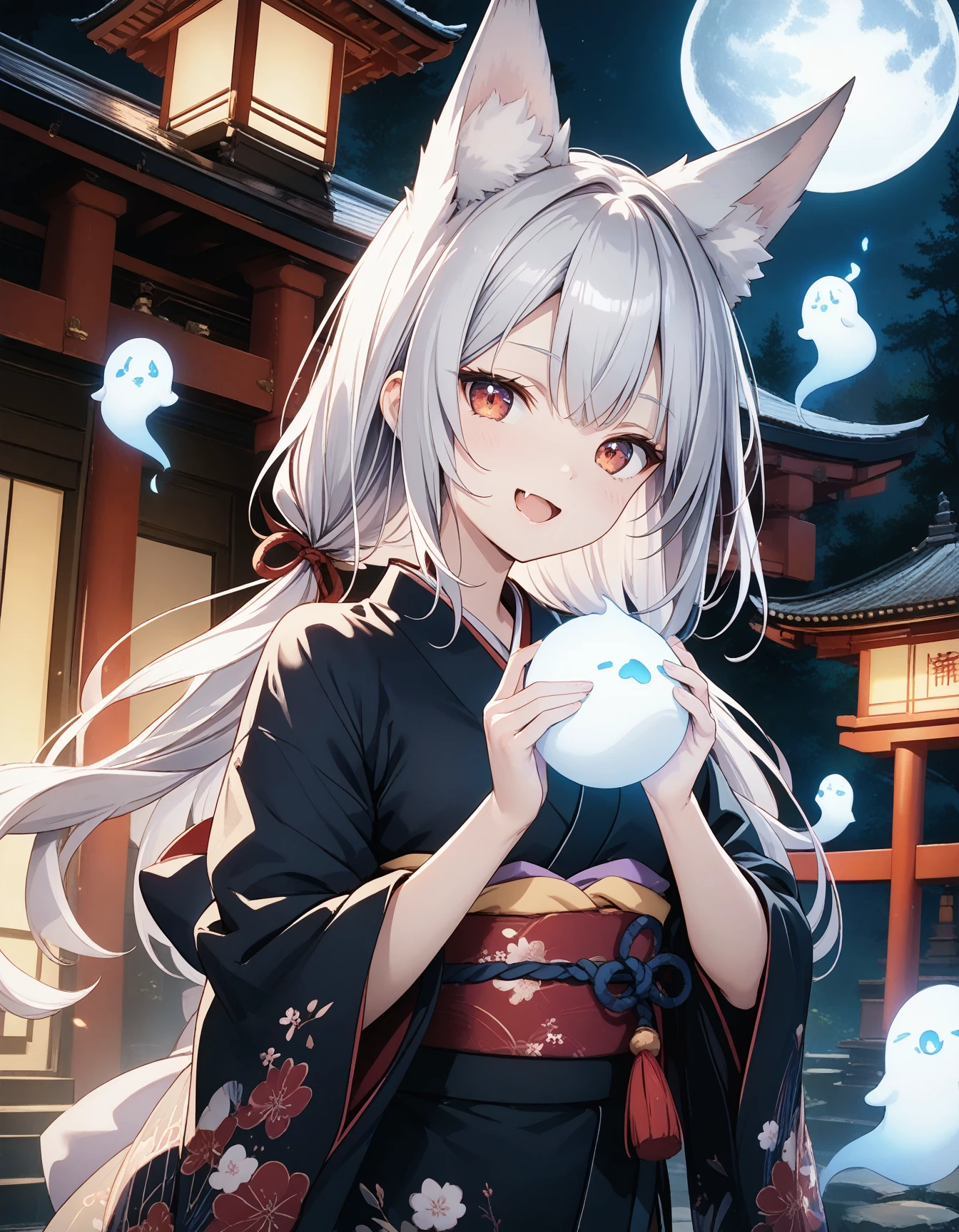 masterpiece, best_quality, 
BREAK
1girl,
fox_ears,
silver_hair,
skin_fang,
smile,
open_mouth,
kimono,
hitodama, 
shrine,
moon_night,
upper_body,