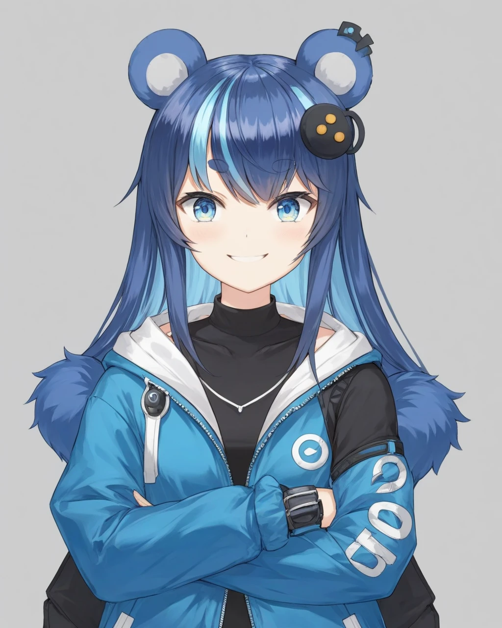 uruka, original outfit, bear ears, blue hair, blue eyes, open jacket, collarbone, long sleeves, sleeves past wrist, 
upper body, smile, basic background, 
<lora:URUKA-XL-t4-000004:0.6>