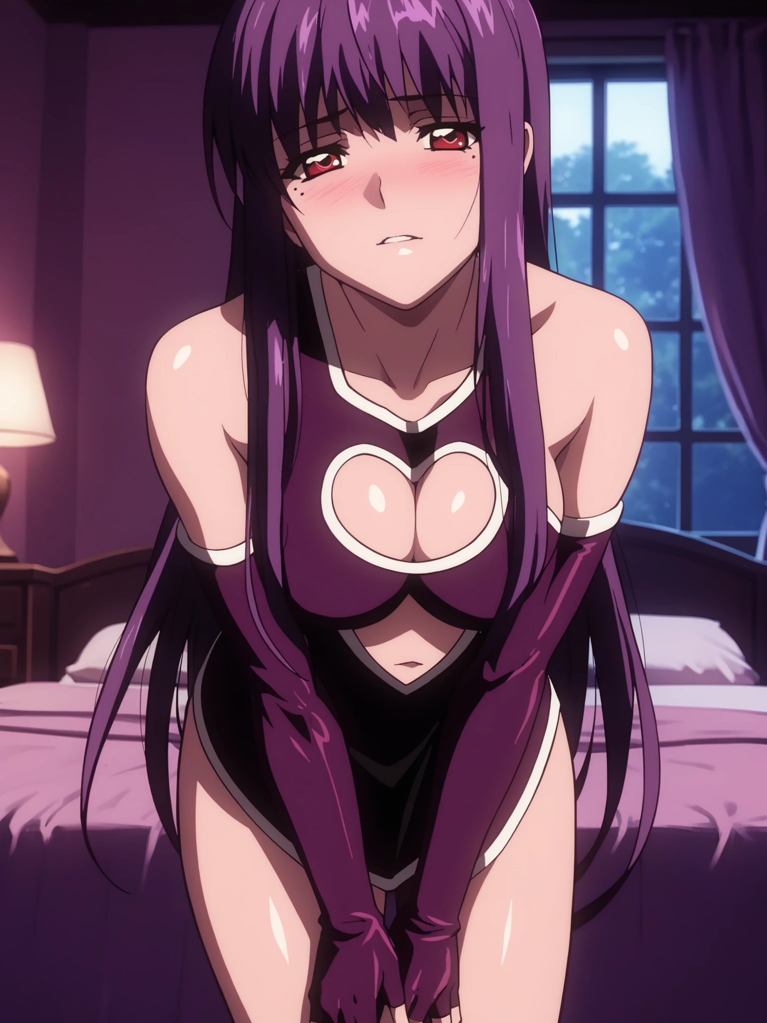<lora:happy_tentacle-fujiko-v0.2-000030:0.9>, ht_fujiko, purple dress, navel cutout, cleavage cutout, elbow gloves, cleavage, fingerless gloves, bare shoulders, bedroom , 1girl, solo, cowboy shot, thighs , , ( flustered :1.2), , looking at viewer , bent over, downblouse , facing viewer , score_9, score_8_up, score_7_up, score_6_up, score_5_up, score_4_up