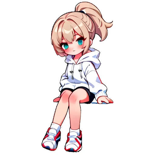 white footwear, sneakers, black shorts, 1girl, ponytail, white hoodie, shorts, sitting, short shorts, hood down