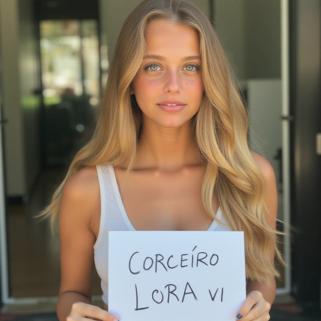 A young woman with long blonde hair, freckles, and parted lips is looking at the viewer and holding a sign with text 'CORCEIRO LORA V1' <lora:Magui_Corceiro_Final:1.1>