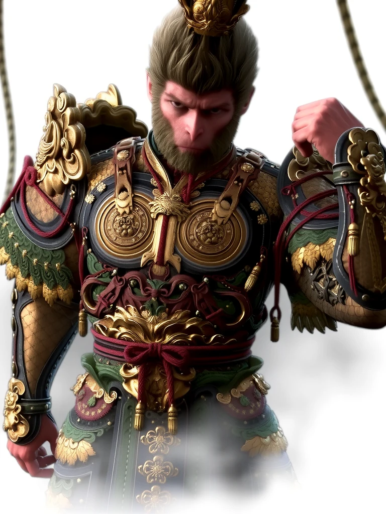 wukong, This image is a highly detailed digital illustration featuring a fierce, mythical character with an anthropomorphic appearance. The character is depicted as a humanoid figure with a large, muscular build and a prominent, bushy mane of dark hair. He has a stern, serious expression with sharp, piercing eyes and a slightly raised brow, suggesting a sense of determination or readiness.
The character is dressed in ornate, elaborate armor that is richly detailed with intricate patterns and motifs. The armor is predominantly dark, likely black or dark blue, with gold and silver accents that catch the light, giving it a shimmering effect. The armor is adorned with various decorative elements, including ornate shoulder pads, intricate designs on the chest plate, and long, flowing red ribbons that add a touch of color and contrast. The armor is heavily embellished with traditional Asian motifs, such as dragons and floral patterns, indicating a possible East Asian influence in the design. look at viewer <lora:wukong:1>