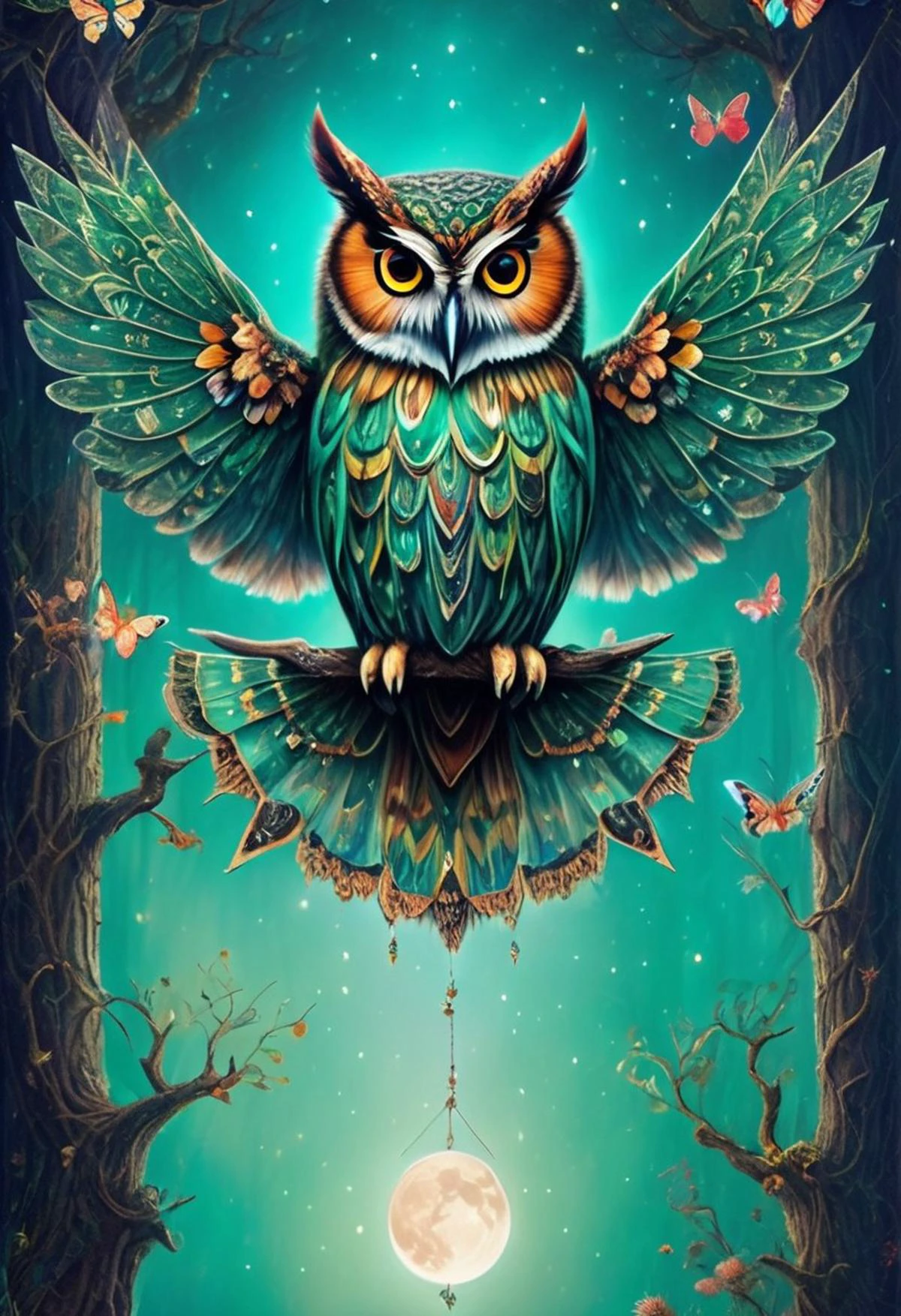 best quality, reality-shot, realism, realistic photography of a fantastical owl with whimsical elements, magical fairytale landscape, elaborate fantasy style art, seafoam green theme, intricate details, ultra sharp, exquisite detail, flawless composition, vivid colors, masterpiece, exciting background, butterfly, moon