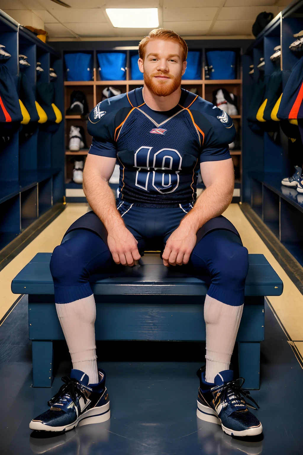 locker room, sitting on a bench, in front of lockers, slightly smiling, slight beard, ginger hair, JamesJamesson is an (American football player), wearing (football uniform), (dark blue jersey:1.4), (dark blue shoulder pads:1.2), jersey number 90, (dark blue football pants:1.4), (white socks:1.2), long socks, (sneakers:1.3), (((full body portrait))), wide angle  <lora:JamesJamesson:0.8>