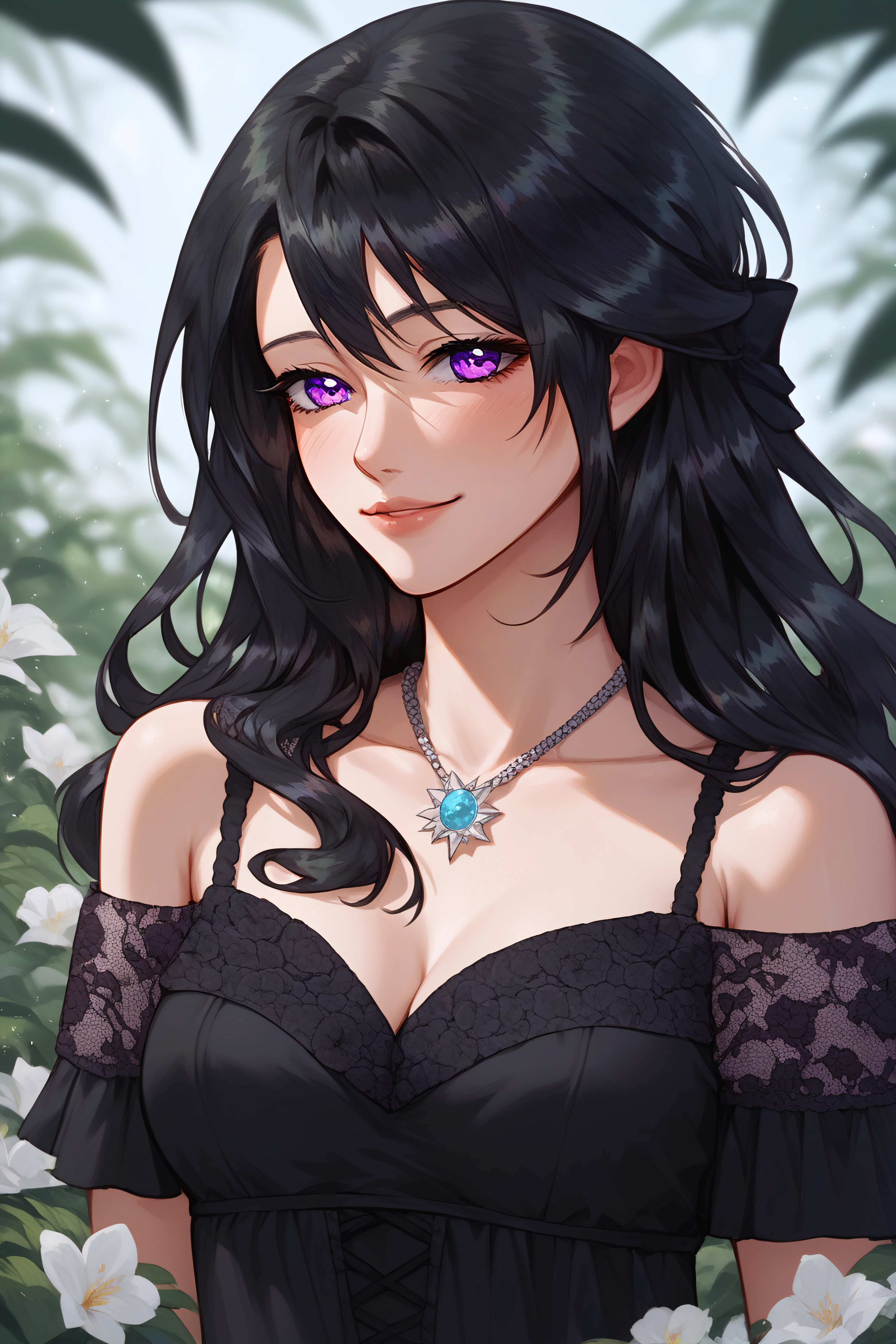 score_9, score_8_up, score_7_up, BREAK source_anime, <lora:Rainelle-PonyXL-lora-Faxtron:1> rainelle, purple eyes, black hair, long hair, shiny hair, medium breasts, necklace, black dress, bare shoulders, floral print, collarbone,