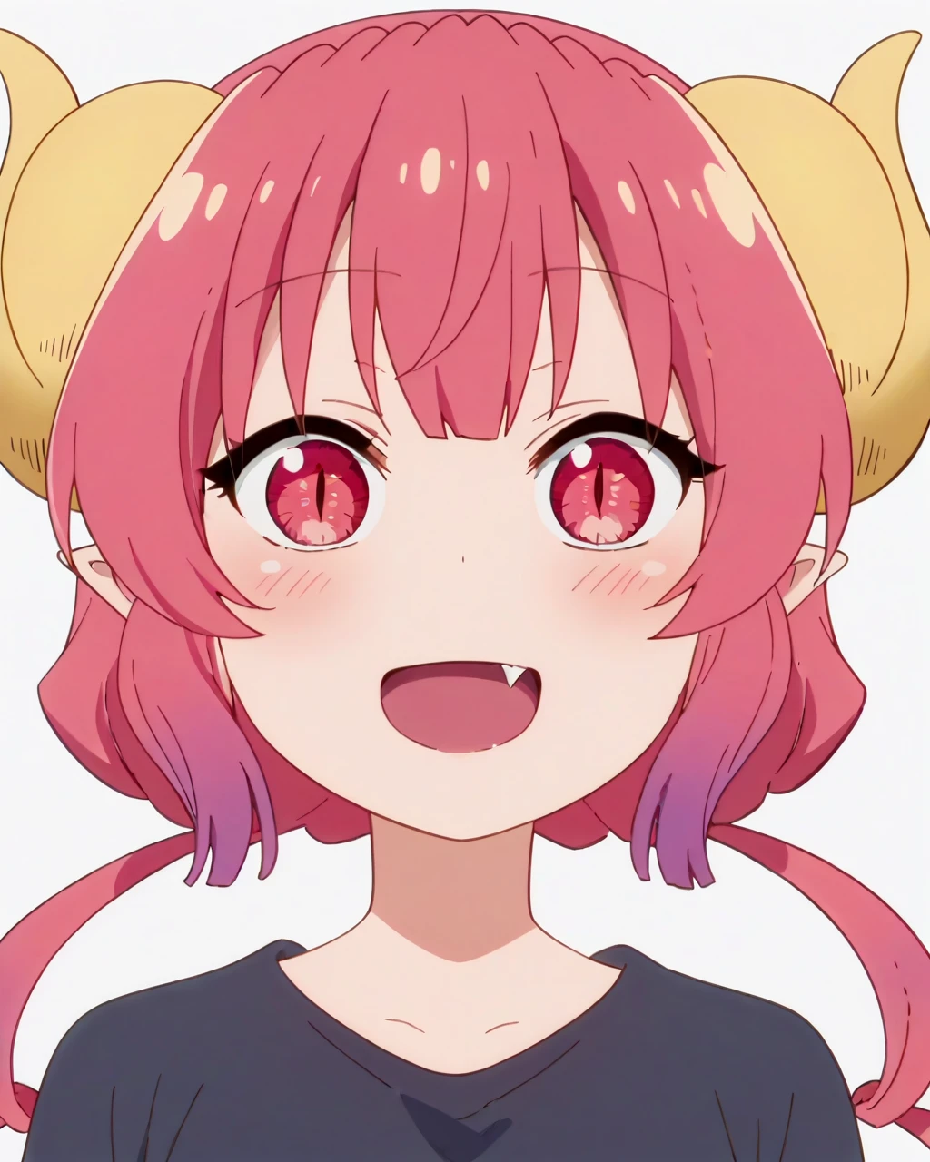 score_9, score_8_up, score_7_up, source_anime, anime screencap, black shirt, upper body, smile ,large breasts, ilulu, dragon girl, long hair, pink hair, dragon horns, pointy ears, multicolored hair, red hair, bangs, slit pupils, big breasts