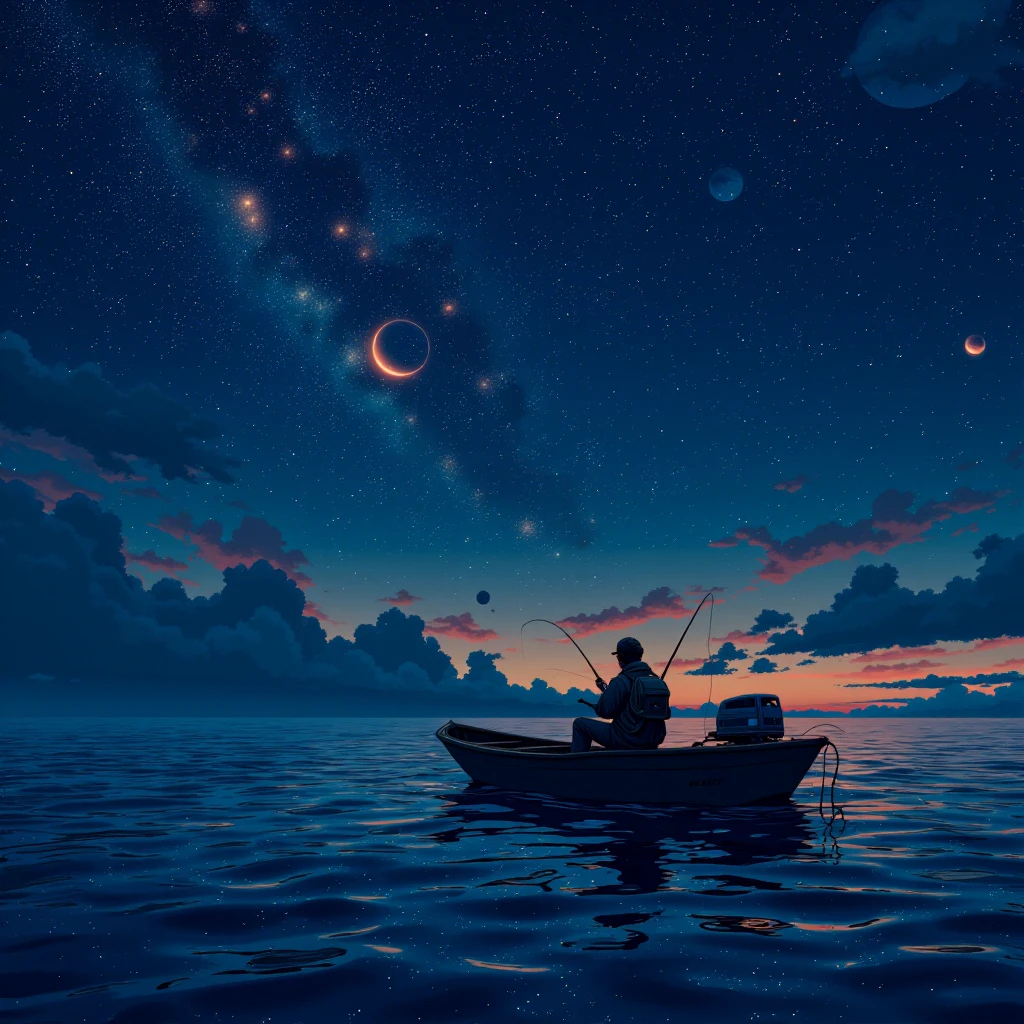 Galactic Fisherman: A lone fisherman sits on a small boat in the middle of an ocean of stars, casting a line into the cosmos as distant planets and constellations glow in the background. in the v1v1d34m style,<lora:v1v1dr34m:1>,