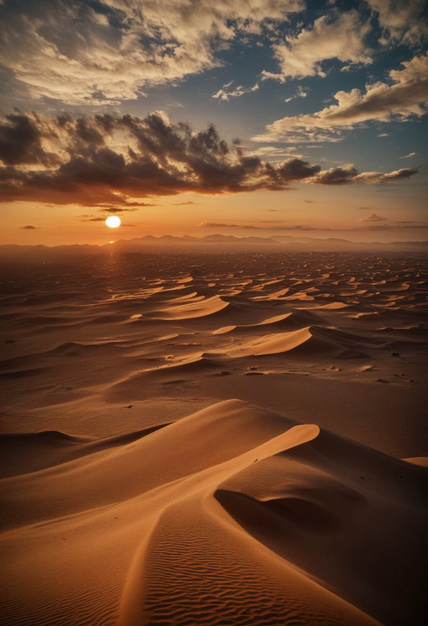 scenery, sand dunes, sunset, sun in the middle, big sun, haze, clouds, mountains on the horizon, realistic, photorealistic, detailed, score_9, score_8_up, score_7_up