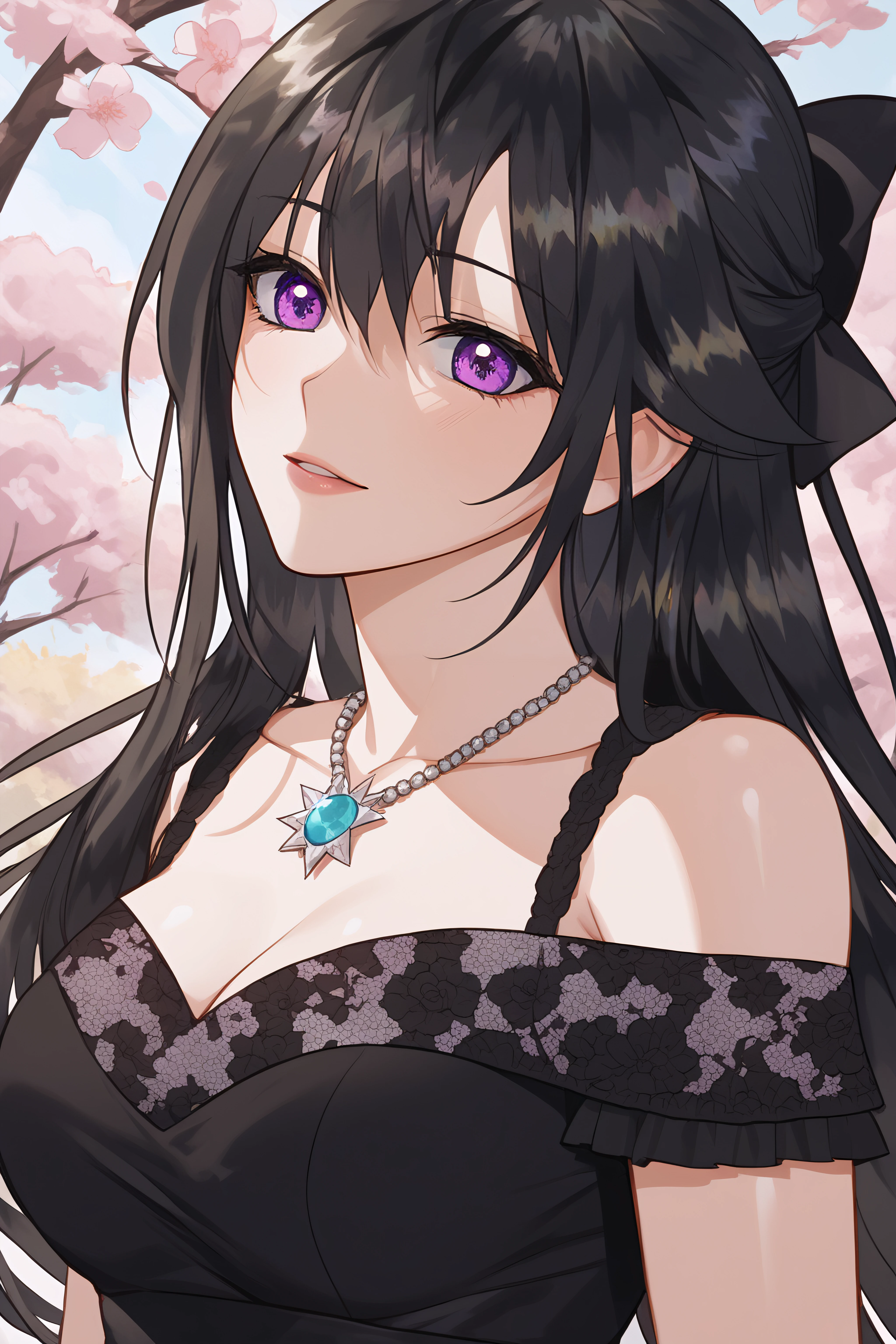 score_9, score_8_up, score_7_up, BREAK source_anime, <lora:Rainelle-PonyXL-lora-Faxtron:1> rainelle, purple eyes, black hair, long hair, shiny hair, medium breasts, necklace, black dress, bare shoulders, floral print, collarbone,