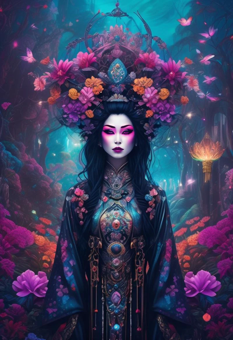 A professional photography of a gothic geisha with whimsical elements, surrounded by an magical and eerie fairytale landscape with sparkling crystals and colorful flowers, awesome appearence, fantastic cyberpunk art concept, intricate details, trending on artstation, masterpiece, 8k,