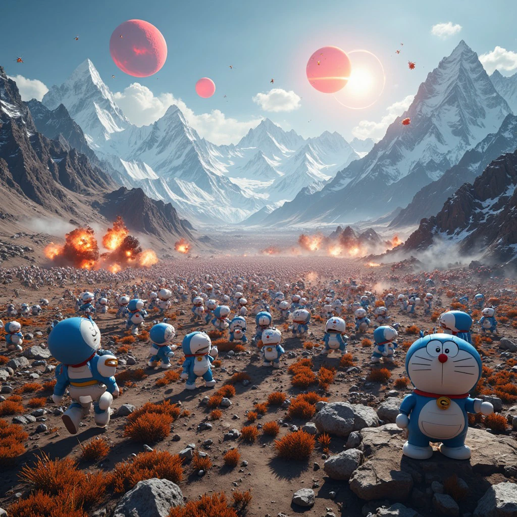 an extreme wide shot of a battlefield between an army of ((Doraemons)) against an army of ((Hello Kittys))panda bears, BREAK, there are mountains on the background as high as Mount Everest, a frozen valley, two red suns in the sky, fire and explosions abound, cinematic volumetric lighting, shot with Sony Fx6