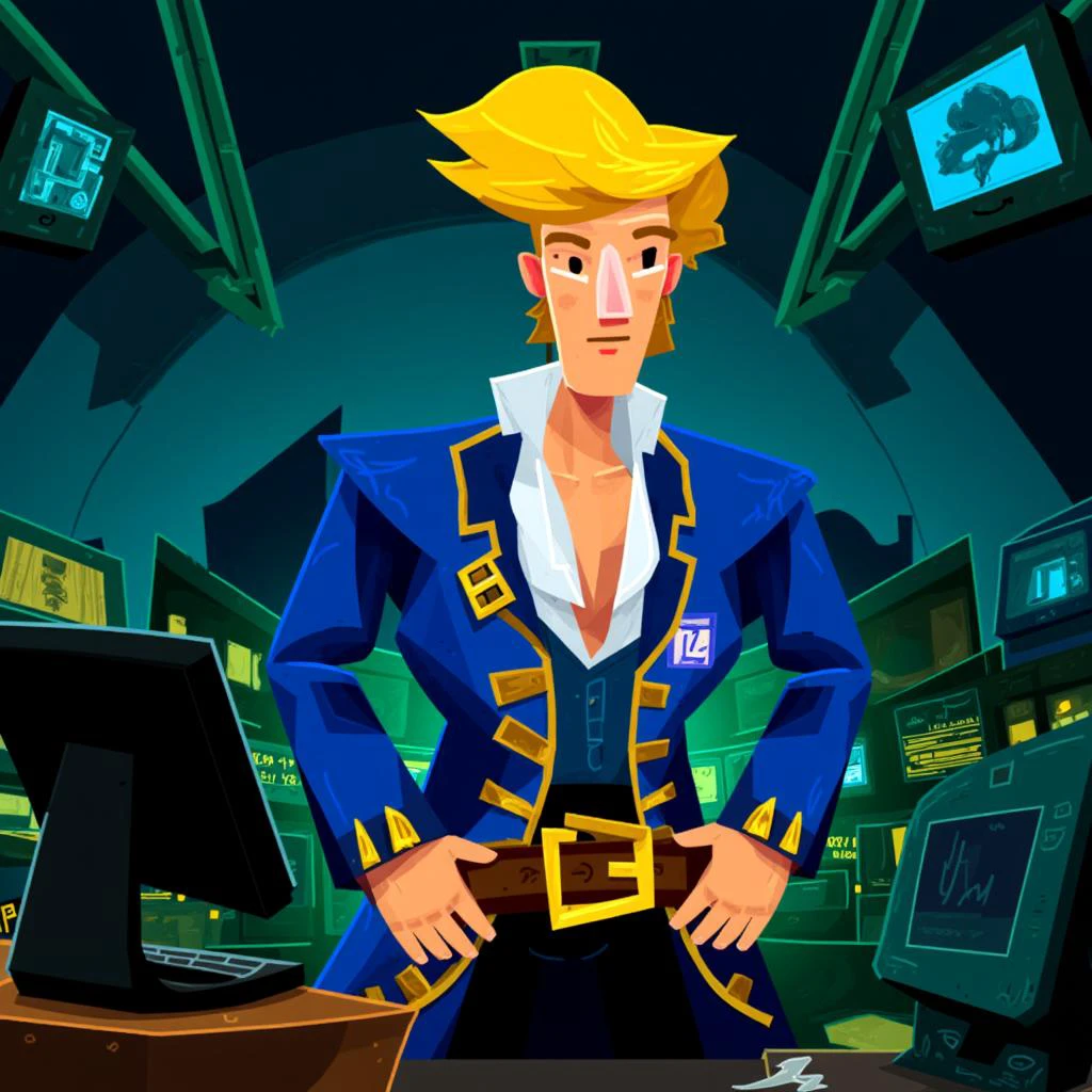 RTMI style. Guybrush threepwood,  a tall man with blonde hair, wearing a blue pirate coat with gold accents. He has a white shirt underneath, a belt with a gold buckle, and dark pants. His expression is thoughtful, and he has a slight stubble on his face, adding to his adventurous appearance. Guybrush is programming with many computers. Cyberpunk style.