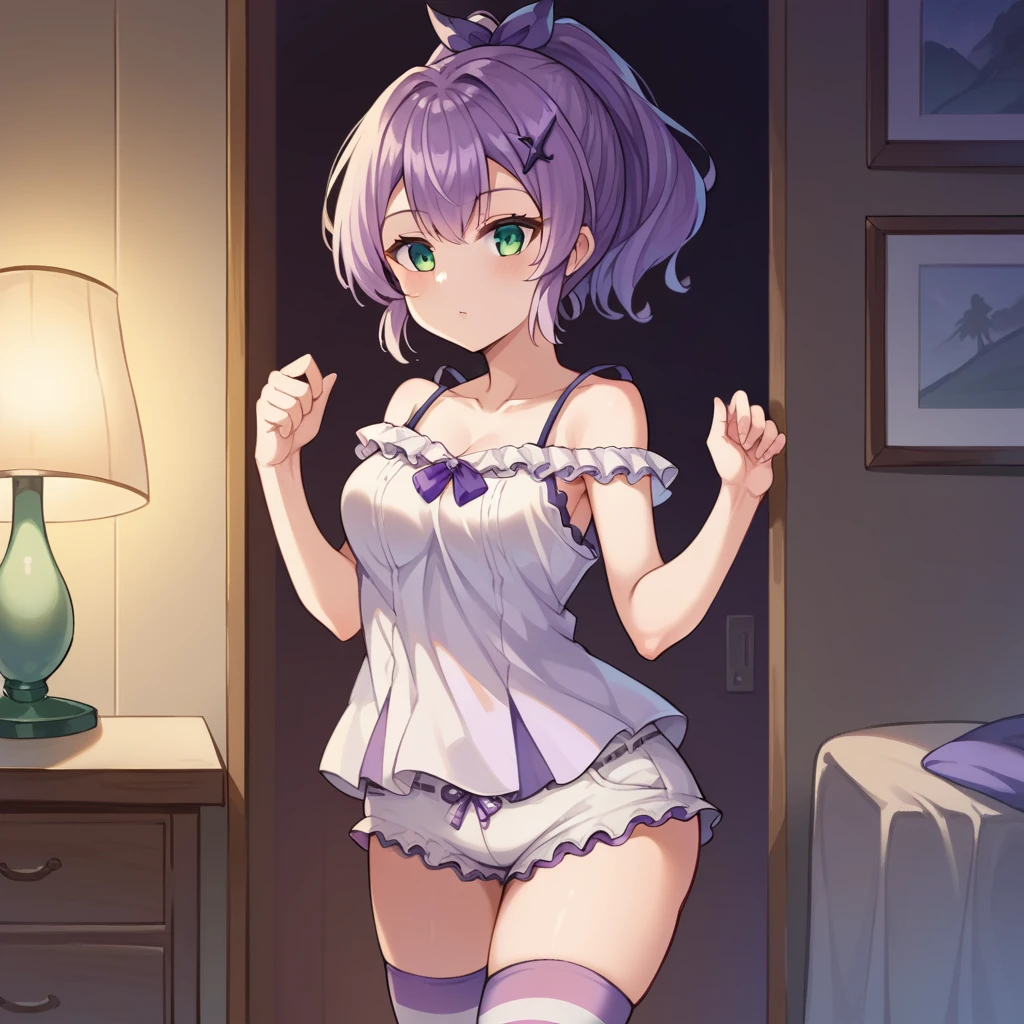 score_9_up, score_8_up, score_7_up, source_anime, masterpiece, best quality, 1girl, solo, Javel_Azur, Jav_Paja, night time, dimmed light, lamp, standing, t pose, javelin (azur lane), purple hair, green eyes, ponytail, two-tone camisole, purple camisole, white camisole, frilled camisole, detached sleeves, white shorts, striped thighhighs, frilled shorts, frilled short sleeves, bare shoulders, purple ribbon, dynamic cowboy shot, indoors, bedroom background