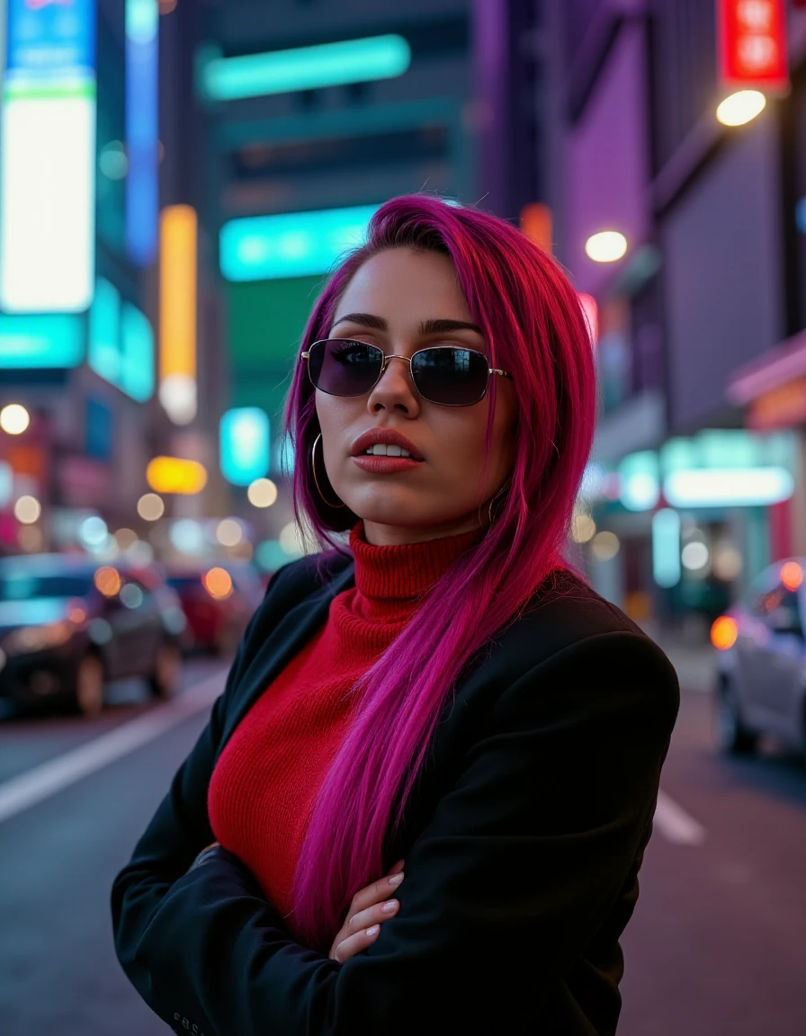 <lora:Miley Cyrus V2:1>MLC Miley, posing for an instagram portrait in a cyberpunk city