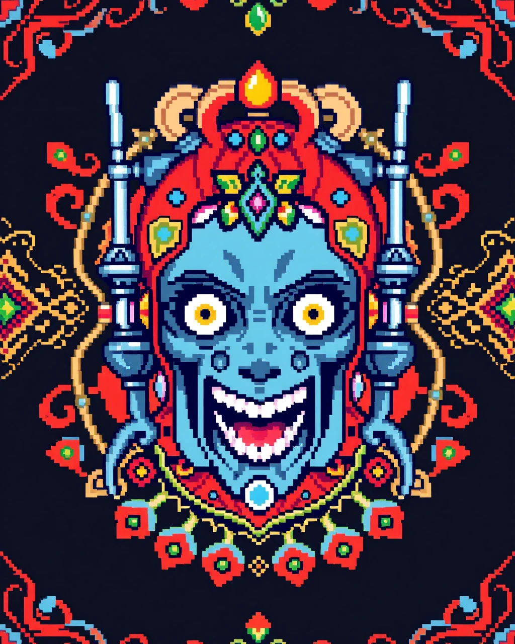 a psychedelic and trippy 

an pixel art robotic evil face laughing,
vivid colors,
striking background of intricate, red geometric patterns on a black backdrop

trippy_pa style