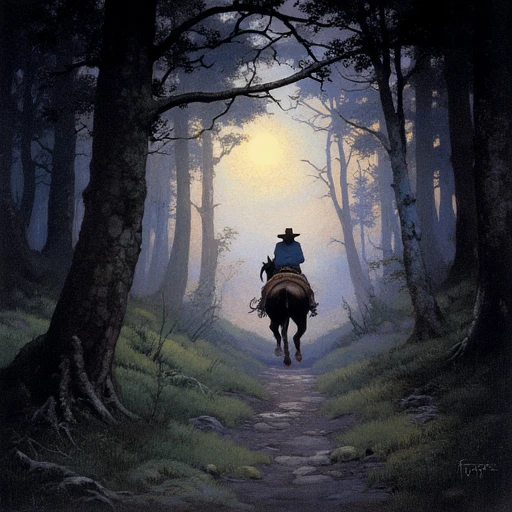 a painting by Frank Frazetta of a cowboy riding a horse out of the woods, at dusk, grim feeling