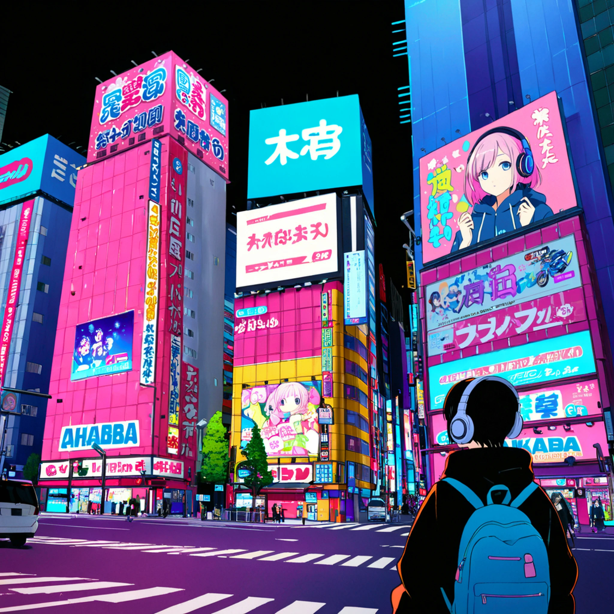 best quality, very aesthetic, 
(wide angle:1.3), (flat color, limited palette:1.4),black border, outline, [blue|pink|orange] background, perspective,
1girl,black hoodie,shorts,black hair,upper body,short hair,headphones,blue backpack, close-up,
night, akihabara \(tokyo\:1.10), city, street, car, tall building, Giant billboard with colorful cartoon pictures, neon light, neon sign, scenery, <lora:Akihabara:0.7>