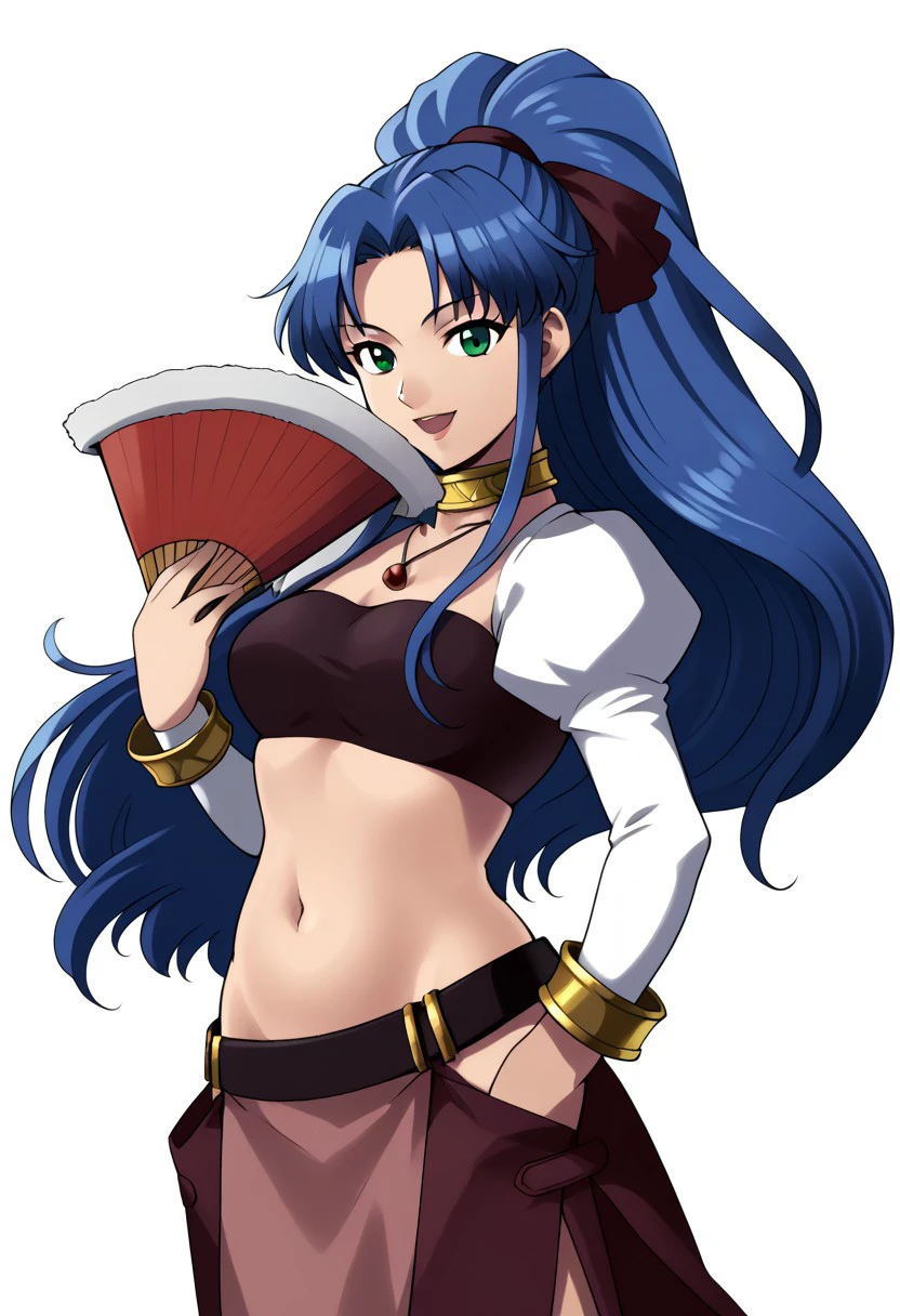 ((Masterpiece, best quality,edgQuality)),
edgDQ, long hair, breasts, smile, blue eyes, large breasts, gloves, navel, cleavage, purple hair, choker, elbow gloves, sword, bikini armor, winged helmet, red armor ,wearing edgDQ_armor