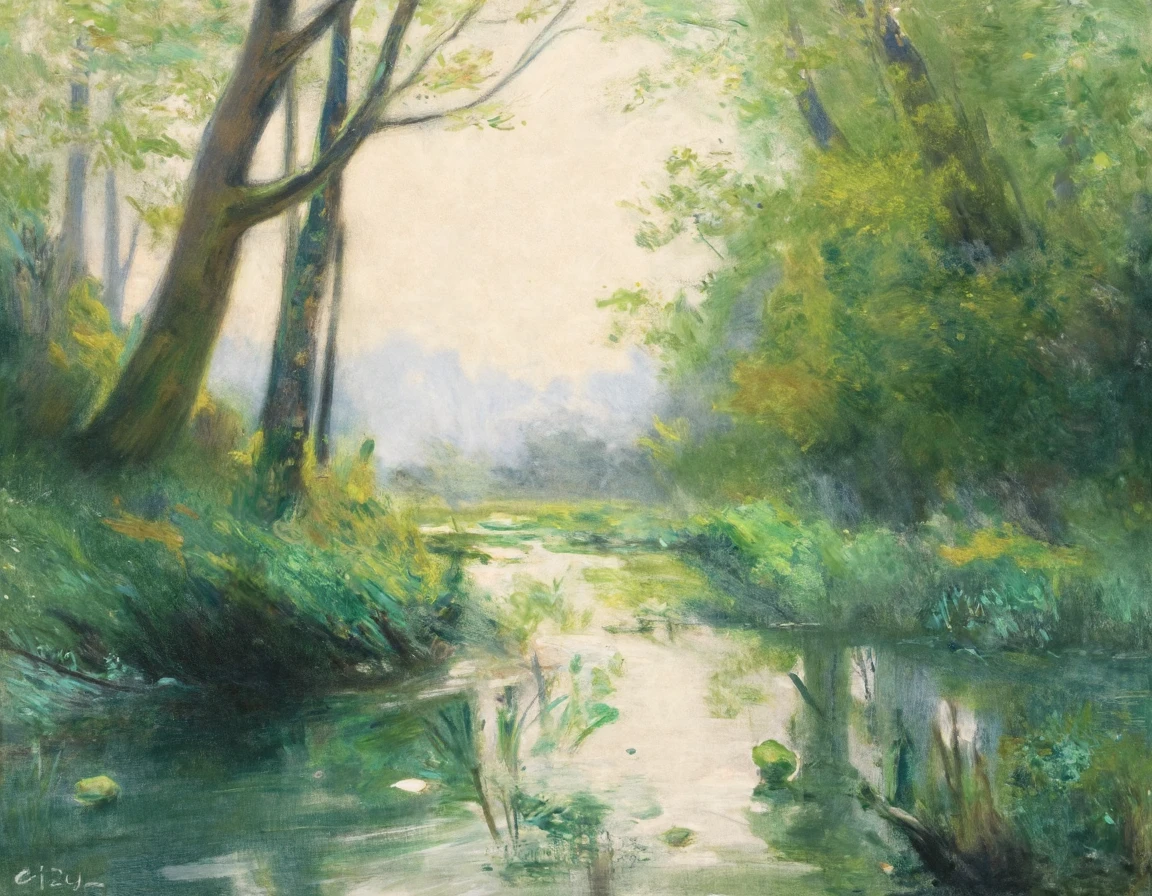 a painting Sgnc depicts a green spring forest with tree and a river. The color palette is soft dominated by whites greens and earthy tones evoking a sense of peace and tranquility.