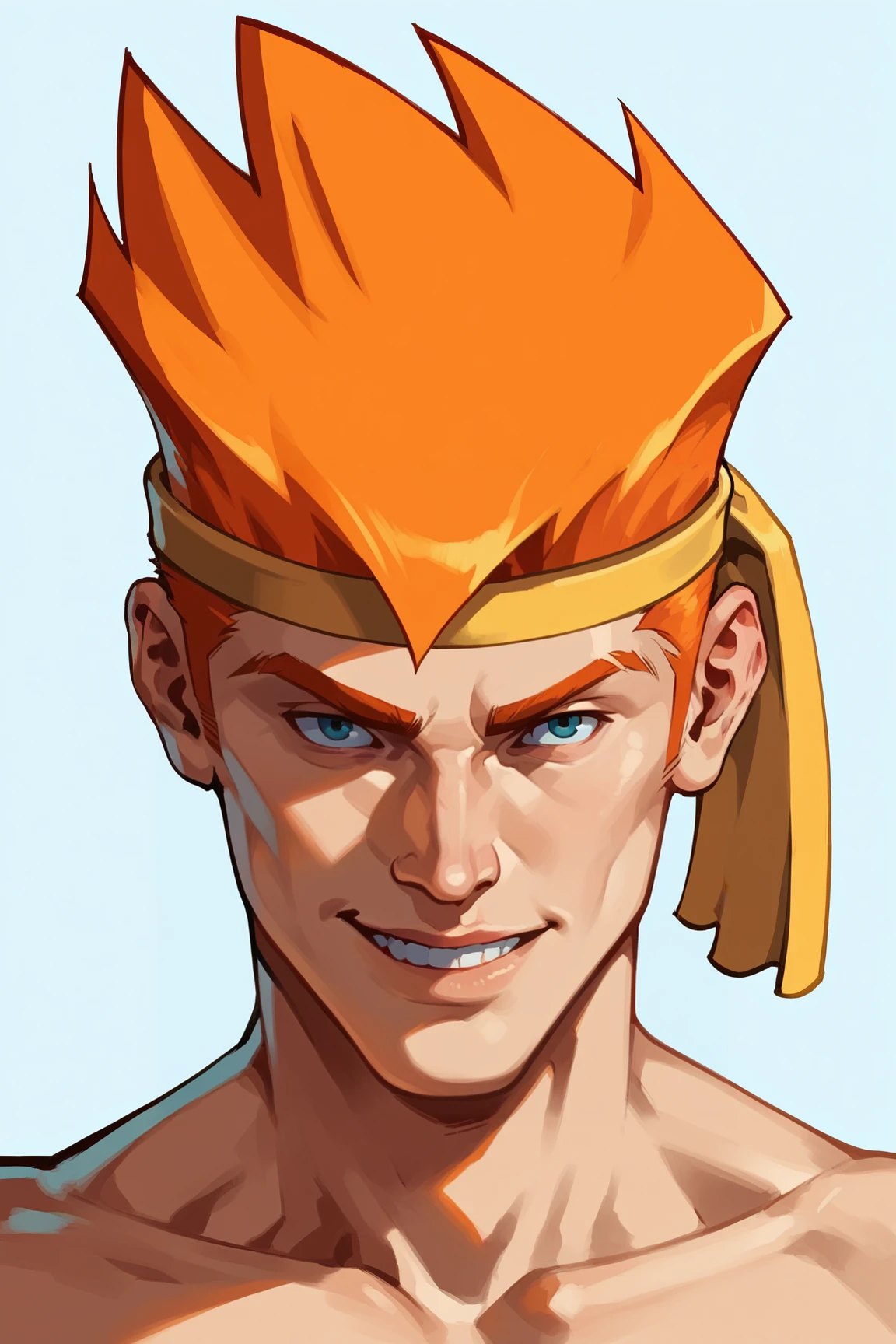 score_9, score_8, score_7, Adon_SFA, 1guy, orange hair, headband, closeup, portrait, clean background, smiling<lora:EMS-463354-EMS:0.890000>, <lora:EMS-384508-EMS:0.800000>