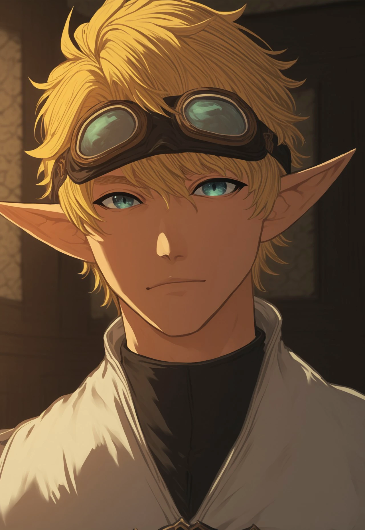 dt_xiv_style, solo, looking at viewer, short hair, blonde hair, 1boy, upper body, male focus, pointy ears, indoors, goggles, elezen, score_9, score_8_up, score_7_up, score_6_up, score_5_up, score_4_up,