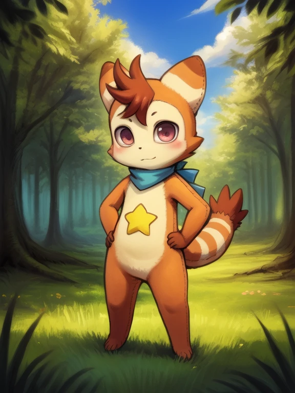 <lora:PoconPopinQYif:1>   PoconPopin, tail,  chibi,( plush doll body,) pink eyes, a blue scarf, red hair, On the stomach there is a star,
(solo focus), Looks at the viewer,   ((Hands on hips, standing,hand behind head,))
[ large window, (nature), forest, grass, day shining, clouds, flowers, blanket, day, ]
(beautiful, aesthetic, perfect, delicate, intricate, saturated colors), masterpiece, digital drawing, best quality,
[by kenket|by totesfleisch8], by thebigslick:by silverfox5213:0.8], [by syuro, by paloma-paloma::0.2, (Tricksta, TotesFleisch8)