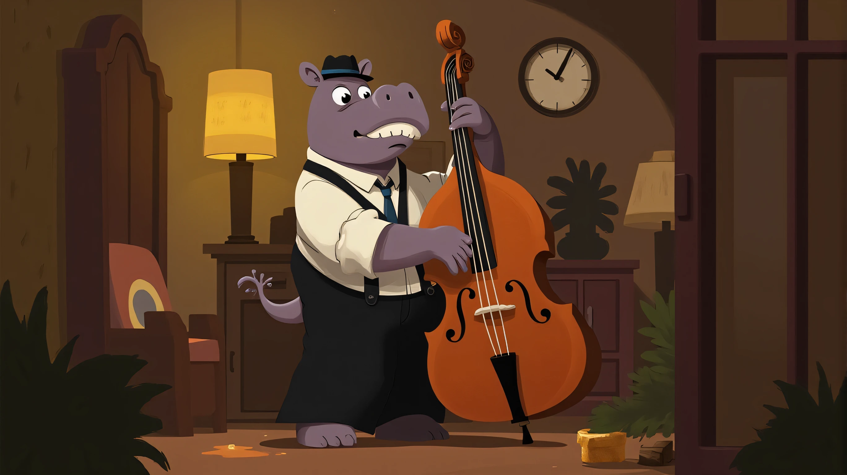 An anthropomorphic hippo stands confidently, playing a large double bass in the middle of a cozy, vintage-inspired setting. The hippo is dressed in classic 1950s attire, wearing a white short-sleeved button-up shirt with a narrow black tie, tucked neatly into high-waisted, wide-legged trousers. Over the shirt, it has on a dark vest that gives a polished, stylish look. A small, tilted fedora rests on its head, completing the retro ensemble.