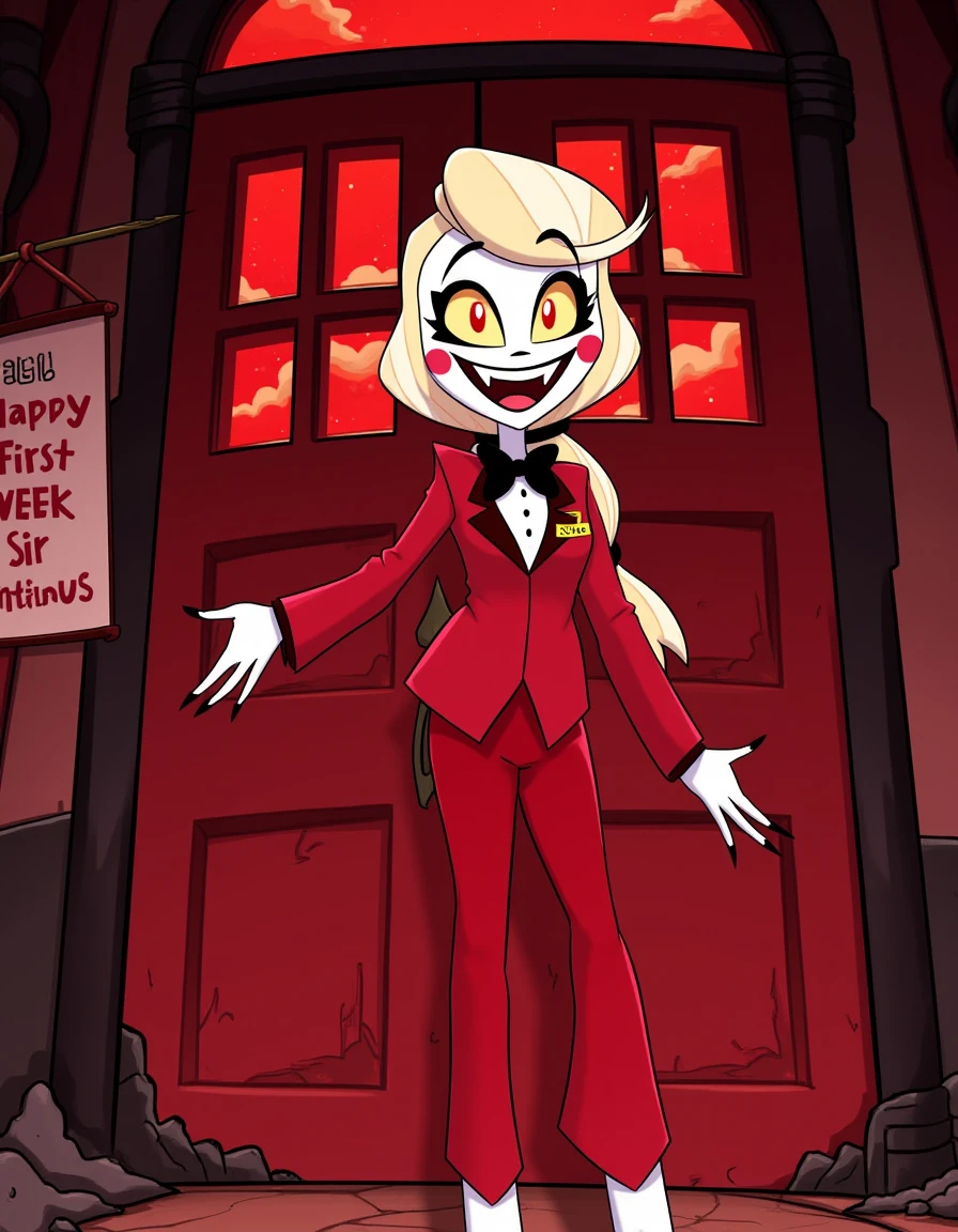 <lora:Charlie_Morning_Star_V2_Flux:1> cartoon, cell shaded, highly detailed. solo. 1girl, charliem, red suit, yellow Scalera, red eyes, "Charlie" on name tag, bow tie, blonde hair, standing in front of large hotel door, ponytail, pale white skin tone, black fingernails, big smile fangs, mouth open, welcoming, arm stretched out, inviting, looking at viewer, black claws, full body shot, hooves, red pants, red skies outside windows, abandoned hotel, creepy vibe, red and black architecture, decrepit, run down. Banner hung behind her says "Happy First Week Sir Pentious"