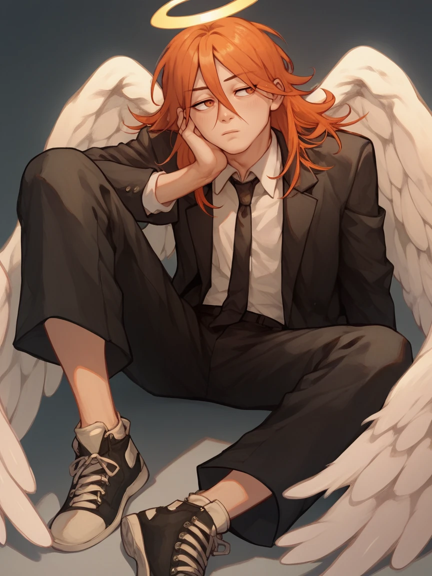 score_9, score_8_up, score_7_up, score_6_up, score_5_up,    <lora:4ng3ld3v1lXLP:1> 1boy, halo, 4ng3ld3v1l, orange hair, angel wings, suit, black necktie