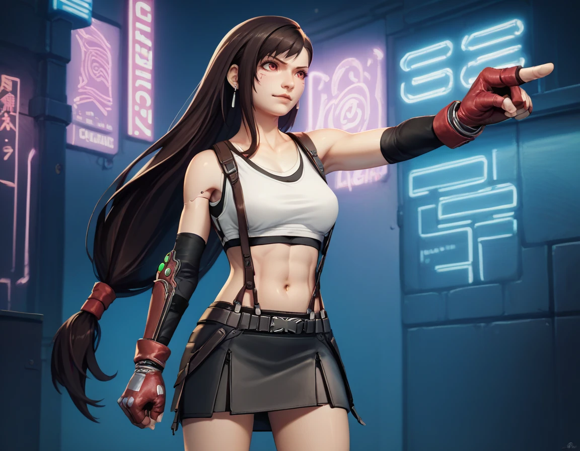 <lora:Objection_Pose_-_Pony:1> zpdxl2, (pwobjection:1.2), rating_safe, 1girl, solo, tifa_lockheart, cyberpunk city,  neon lights