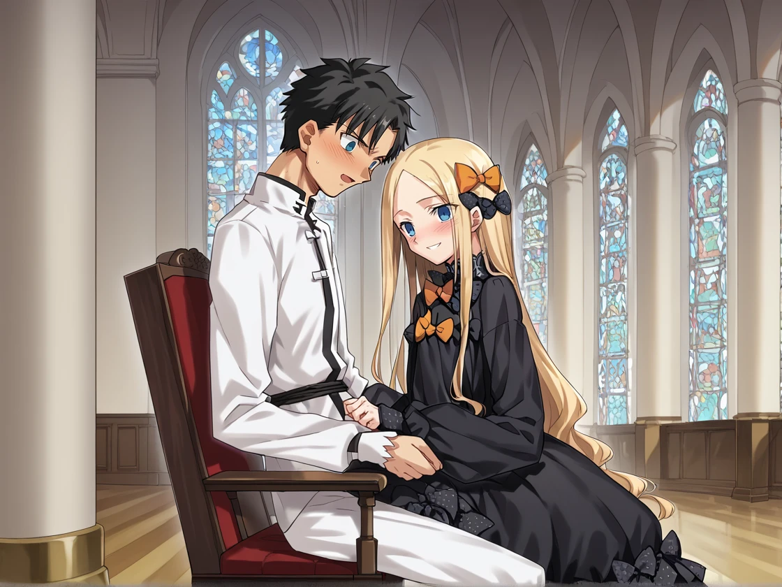 1gir, 1boy, sitting on lap, from side, indoors, mansion, 1boy, chair, fujimaru ritsuka \(male\), short hair, black hair, blue eyes, blush, from side, full body, restrained, hand behind back<lora:abby_xl:0.8> 
BREAK
1gir, 1boy, sitting on lap, indoors, mansion, sitting on lap, 1girl, blonde hair, long hair, blue eyes, forehead, sidelocks, parted bangs, hair bow, polka dot bow, orange bow, black dress, long sleeves, sleeves past wrists, sleeves past fingers, bloomers, evil smile, full body 
  <lora:Fate_VN:1>, score_9, score_8_up, score_7_up, score_6_up, score_5_up, score_4_up, BREAK source_anime, masterpiece