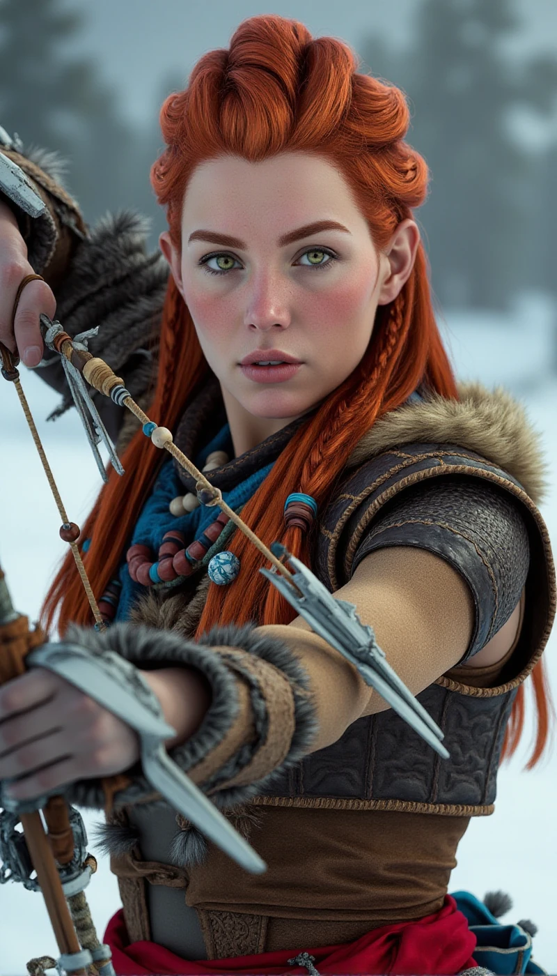 Aloy, a redhead woman with jewelry is holding a bow in the snow <lora:Aloy:0.8>