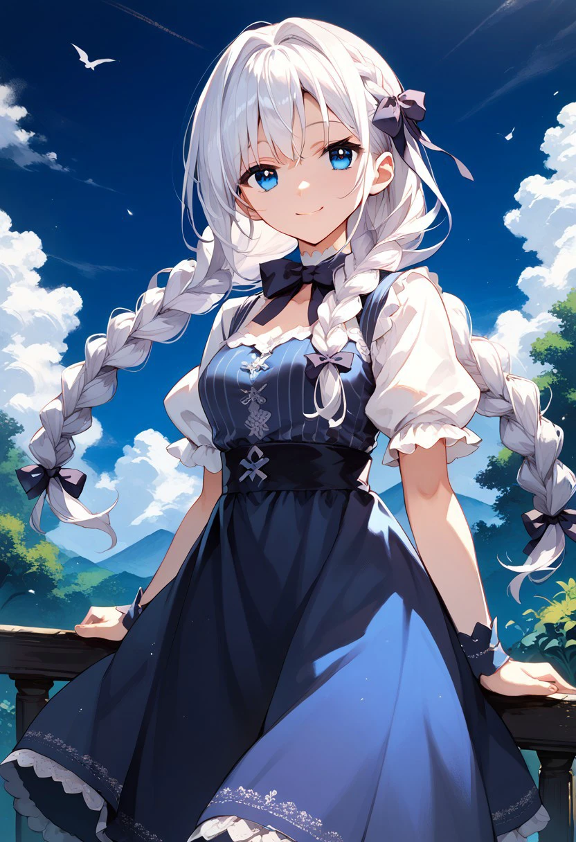 score_9, score_8_up, score_7_up, source_anime, EUCLIWOOD HELLSCYTHE, EUCLIWOOD HELLSCYTHE HOUSEWIFE, 1girl, solo, long hair, smile, blue eyes, dress, ribbon, braid, white hair, twin braids