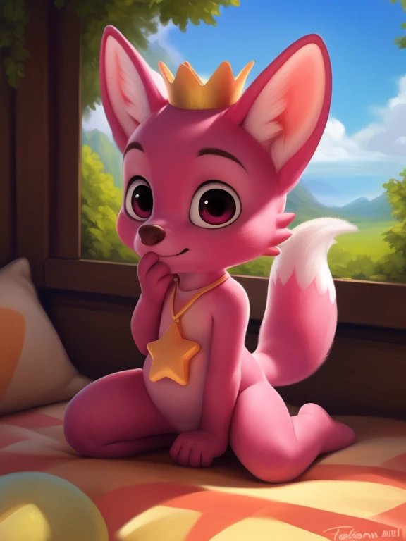 <lora:PinkfongWonRunYif:1> PinkfongWonRun, fox,   Chibi, pink fur, magenta eyes, pink belly, tail, golden crown, pink chin, star necklace, 
(solo focus), Looks at the viewer,  ((cowgirl position,))
[ large window, (nature), forest, grass, day shining, clouds, flowers, blanket, blue pillows, candles, bed, pillows, ]
(beautiful, aesthetic, perfect, delicate, intricate, saturated colors), masterpiece, digital drawing, best quality,
by ulitochka, by taran fiddler, by Silverfox5213, by personalami,