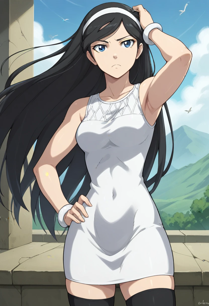 maya1, 1girl, thighhighs, dress, hairband, solo, black hair, zettai ryouiki, long hair, hand on hip, short dress, blue eyes, bracelet, black thighhighs, jewelry, wind, wind lift, standing on a cliff, , medium breasts, 5 fingers, arm up, score_9, score_8_up, score_7_up, score_6_up, score_5_up, score_4_up, indoors, thick thighs, adjusting hair, <lora:maya1-000007:1>