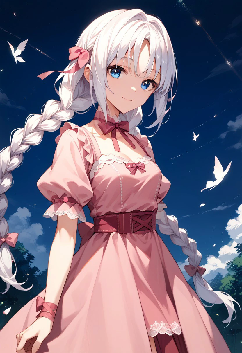 score_9, score_8_up, score_7_up, source_anime, EUCLIWOOD HELLSCYTHE, EUCLIWOOD HELLSCYTHE HOUSEWIFE, 1girl, solo, long hair, smile, blue eyes, pink dress, ribbon, braid, white hair, twin braids