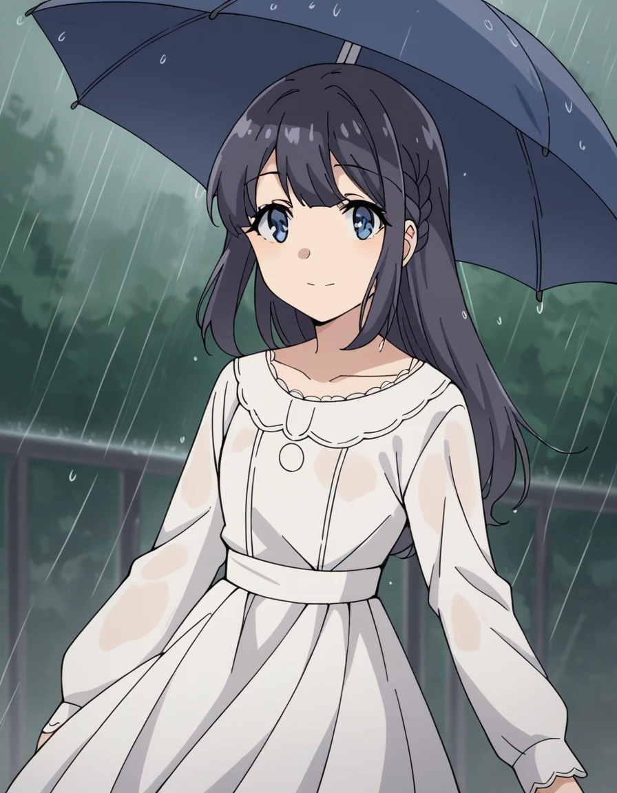 score_9, score_8_up, score_7_up, source_anime, <lora:shouko-makinohara-s1-movie-ponyxl-lora-nochekaiser:1>, shouko makinohara, blue eyes, black hair, braid,, long hair, long sleeves, dress, collarbone, white dress,, rainy day, umbrella, walking home, puddles, wet hair, smile, looking at viewer, solo,, cowboy shot, dutch angle