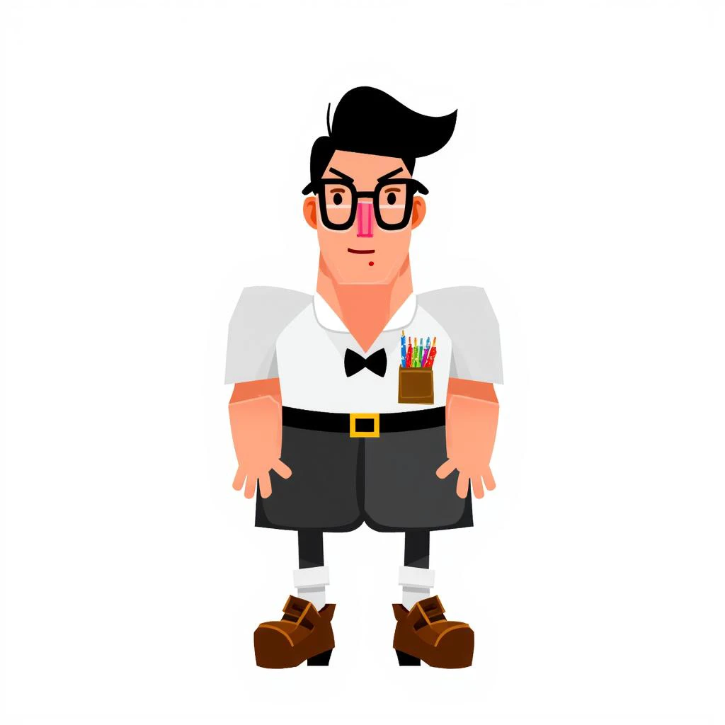 RTMI style. The subject in the image is a stylized, cartoonish male character with exaggerated features, giving him a quirky and nerdy appearance. Below is the detailed description:  Face: The character has an elongated, angular face with a large, pointed chin and a pronounced nose. His facial expression is neutral, though his overall appearance suggests he might be an awkward, intellectual type. He has very thin lips, and his skin tone is a light peach color. Hair: His black hair is neatly combed and parted to one side. A small curl of hair flips upward on the top, adding to the exaggerated and quirky look of the character. Eyewear: The character wears large, thick black glasses with square frames. The glasses are one of his most defining features, enhancing his nerdy and intellectual vibe. Clothing: Shirt: He wears a white short-sleeved shirt with a black bowtie at the collar. The shirt features a small, colorful pocket protector, which holds several pens, reinforcing the character'''s nerdy and organized persona. Pants: His high-waisted pants are dark gray and comically large, making his legs appear long and thin. The pants are held up by a black belt, and they sit well above his waistline, adding to his awkward and exaggerated appearance. Socks: He wears white socks that extend halfway up his shins, visible due to the high cut of his pants. Shoes: The character'''s brown shoes are oversized and floppy, which contribute to his comical and clumsy look. The shoes seem too big for his feet, emphasizing his cartoonish design. Posture: The character has a slightly slouched posture, with his arms hanging loosely by his sides. He seems a bit uncoordinated, fitting with the nerdy stereotype. The overall style of the character is exaggerated and humorous, with a strong emphasis on nerdy and awkward characteristics. The proportions are intentionally distorted to enhance his quirky personality. He looks like a stereotypical science or computer nerd, ready for some awkward adventure or misadventure. The style is characterized by the use of geometric simplification, reducing figures and faces to angular shapes and bold lines. Colors are vibrant and contrasting, applied in flat areas without gradients or shading, giving a modern and pop-art feel. Features are exaggerated, capturing the essence of the character with minimal yet striking details. Compositions are dynamic, using angled lines and fragmented forms to create a sense of movement, while negative space balances the image. The overall aesthetic is playful, abstract, and heavily influenced by iconic cultural figures, blending caricature with minimalism.