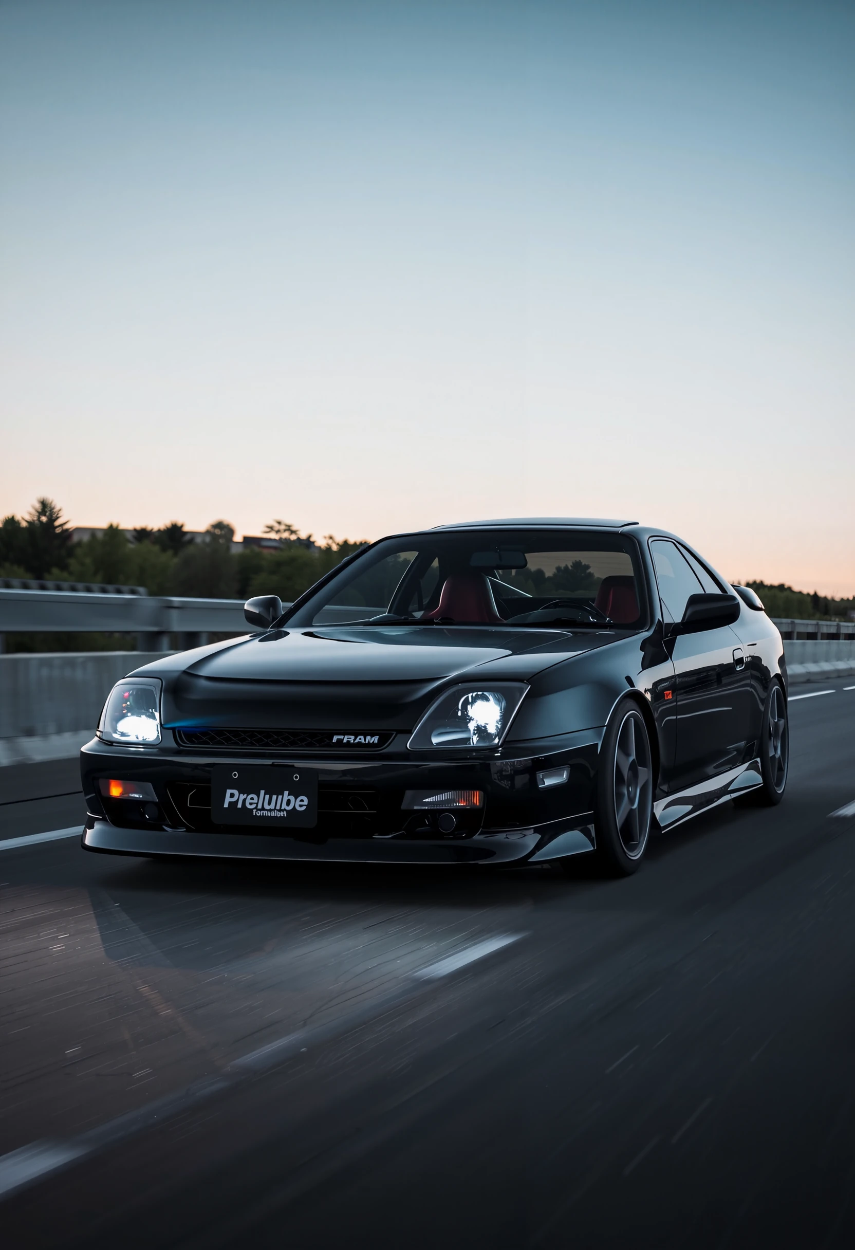 A photograh of a Honda Prelude, black car, dark tinted windows, sunroof up, license plate says "Prelude", headlights, highway roller shot, low angle side shot, raytraced reflections, bloom, hyperrealistic, 8k