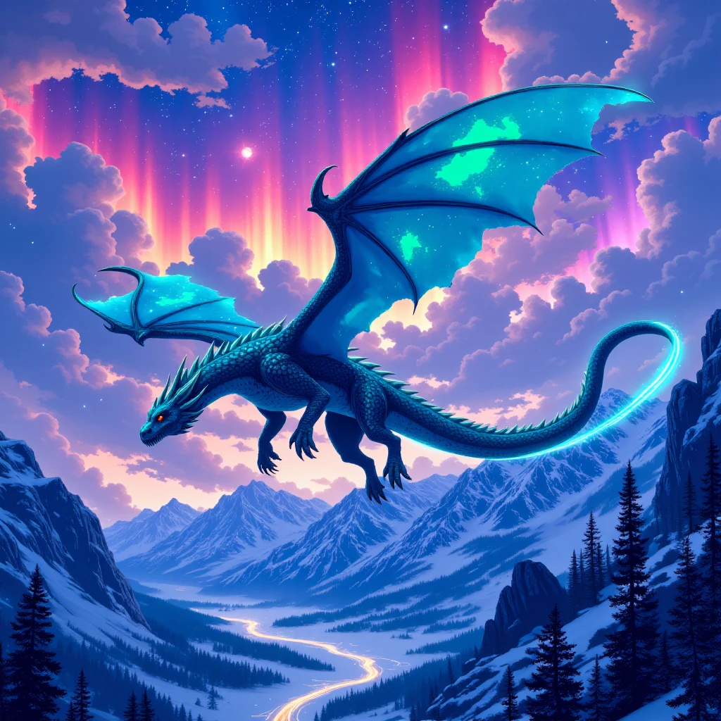 Aurora Dragon: A majestic dragon, its scales shimmering with the colors of the aurora borealis, flies above a snowy, mountainous landscape, trailing ribbons of light in its wake. in the v1v1d34m style,<lora:v1v1dr34m:1>,