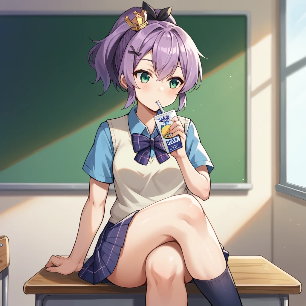 score_9_up, score_8_up, score_7_up, source_anime, masterpiece, best quality, 1girl, solo, Javel_Azur, Jav_Uniform, sun light, classroom, sitting on desk, crossed legs, drinking straw, holding carton juice, looking to side, kneehighs, socks, javelin (azur lane), purple hair, green eyes, ponytail, hairclip, mini crown, black ribbon, vest, blue shirt, collared shirt, plaid bow, purple bowtie, short sleeves, plaid skirt, pleated skirt, purple skirt, dynamic cowboy shot, indoors, classroom background