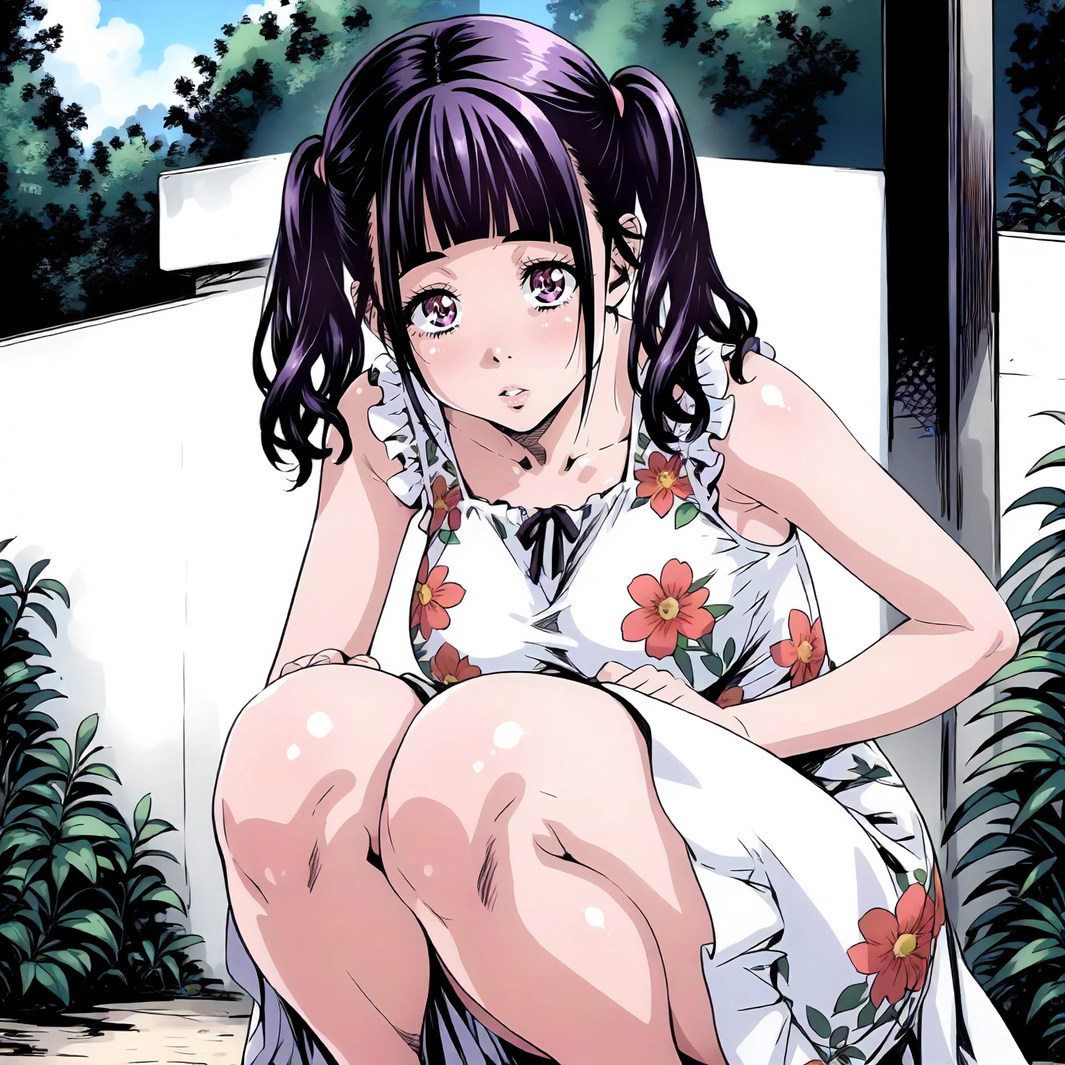 <lora:JdMnS_SanaXLpony001>,
outdoors,nature,
parted lips,looking at viewer,
solo,
Sana,1girl,black -purple hair,twintails,purple eyes,
large breasts,
sundress,floral dress,sleeveless,
squatting,