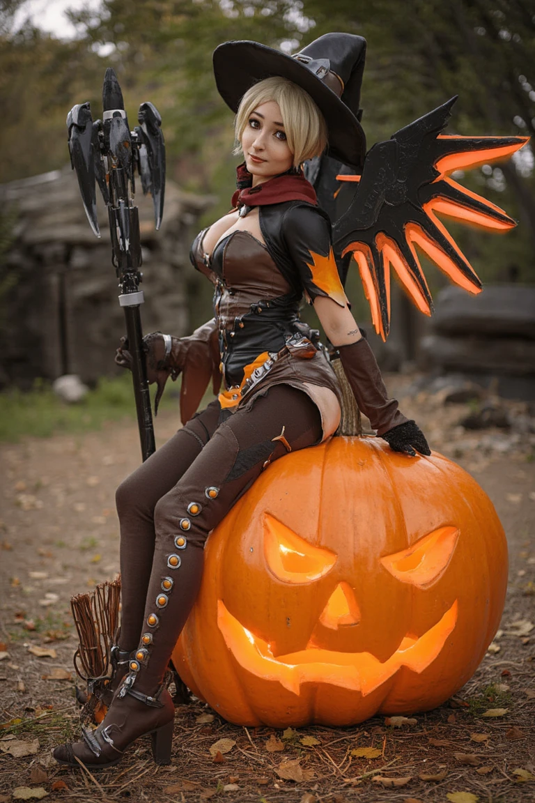 Witch mercy cosplayer sitting on top of a large pumpking holding her staff, black mechanical wings with orange glowing accents