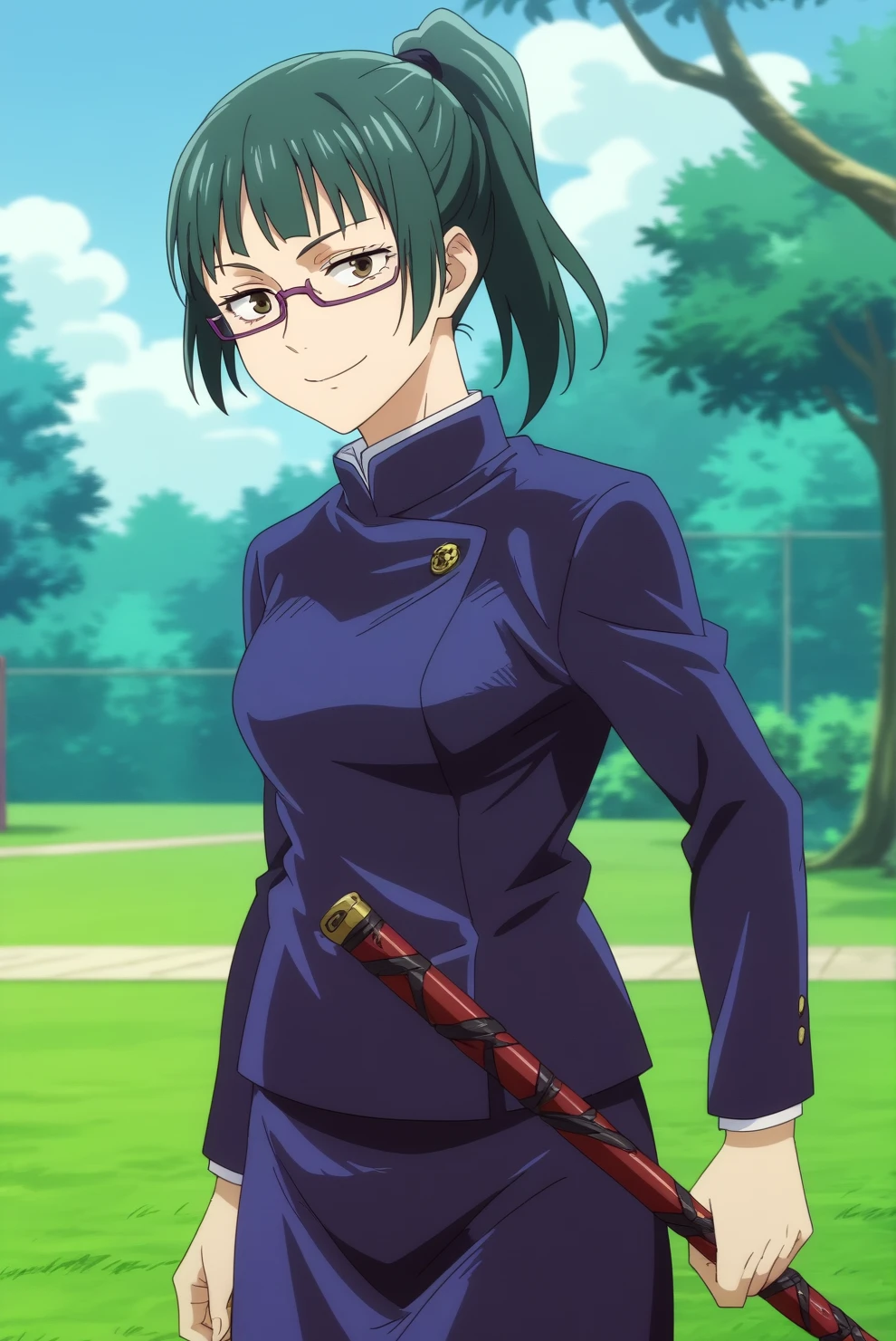 maki zenin,anime screencap,1girl,solo,mature,long hair,glasses,school uniform,ponytail,bangs,outdoors,weapon,smile <lora:Maki Zenin - PDXL2.safetensors:0.8>